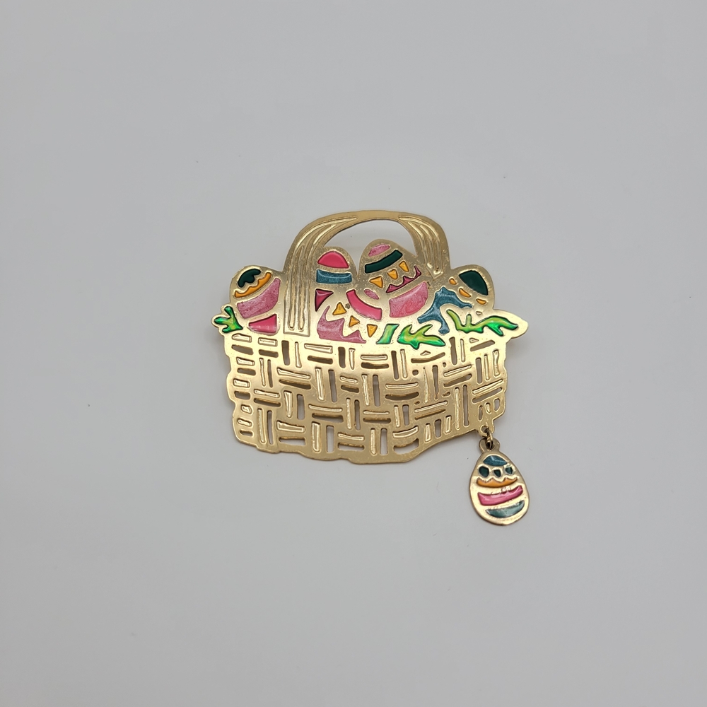 Vintage Two hands Easter Basket Hand Painted Cloisonne Enamel Brooch
